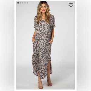 Pink Blush Beige Leopard Print V-Neck Maternity Maxi Dress